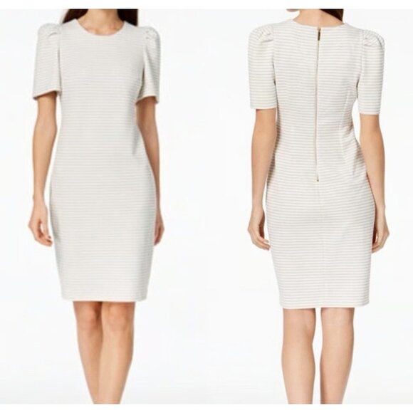 Calvin Klein Dresses & Skirts - CALVIN KLEIN Stretch Striped Plead Puff Sleeve Sheath Dress Size 6,Zipper